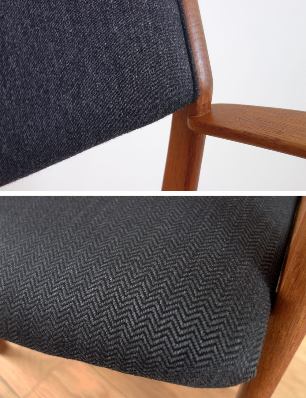 ネイビーブルーのアームチェア背もたれと座面