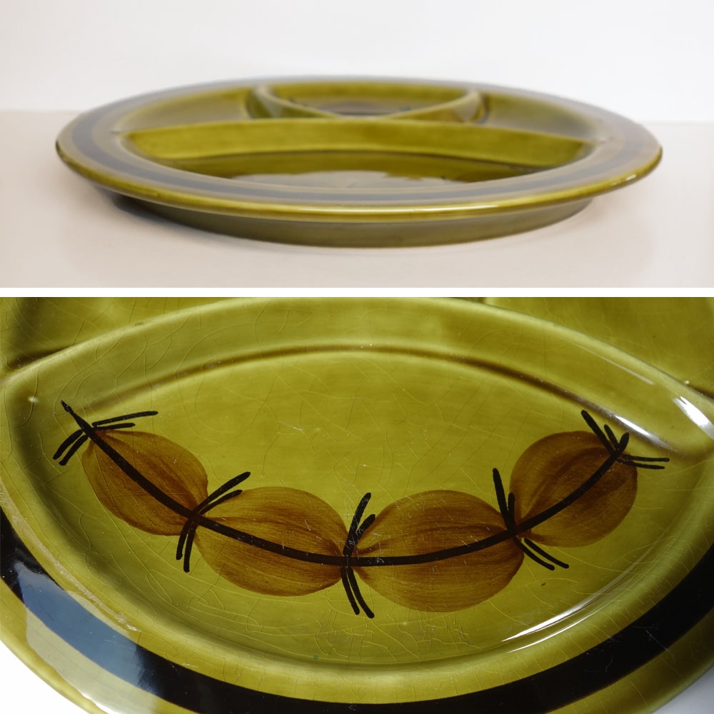 深緑の仕切り付き陶器皿